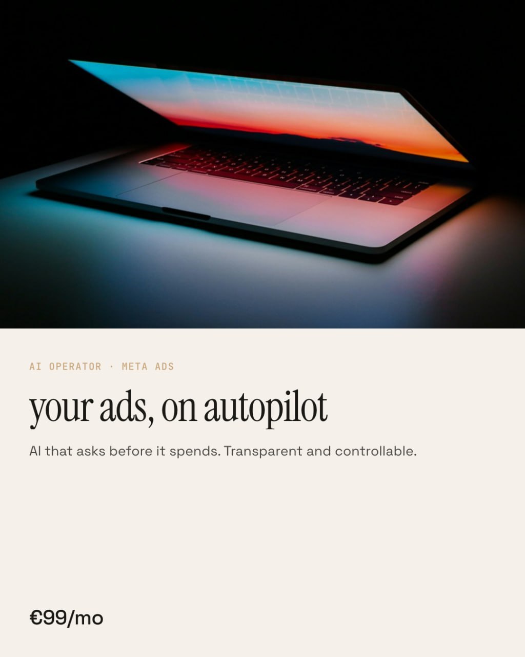 NovaStorm AI feed creative: laptop with sunset display and headline 'Your ads, on autopilot'