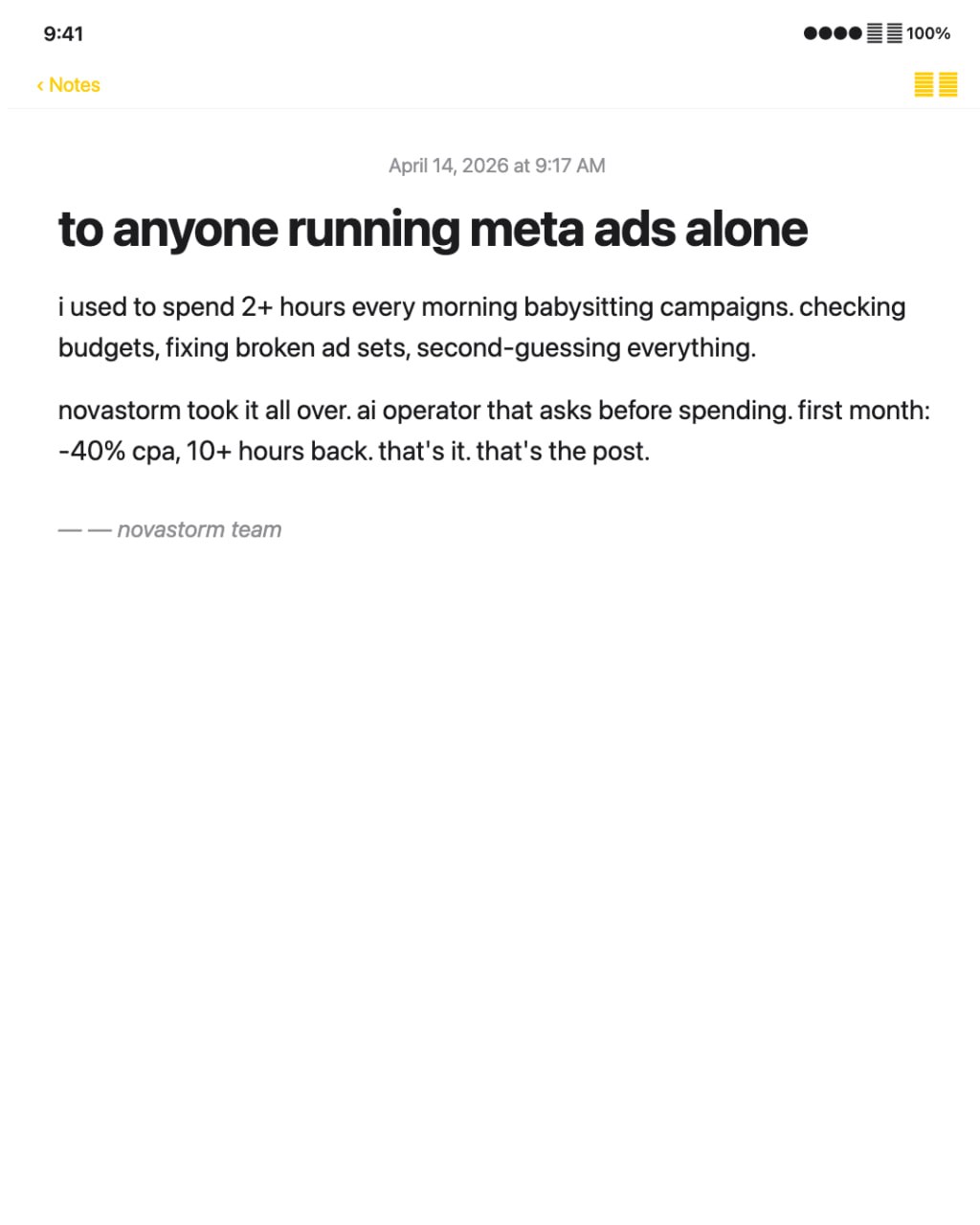 NovaStorm AI story creative styled as iOS Notes: 'to anyone running meta ads alone'