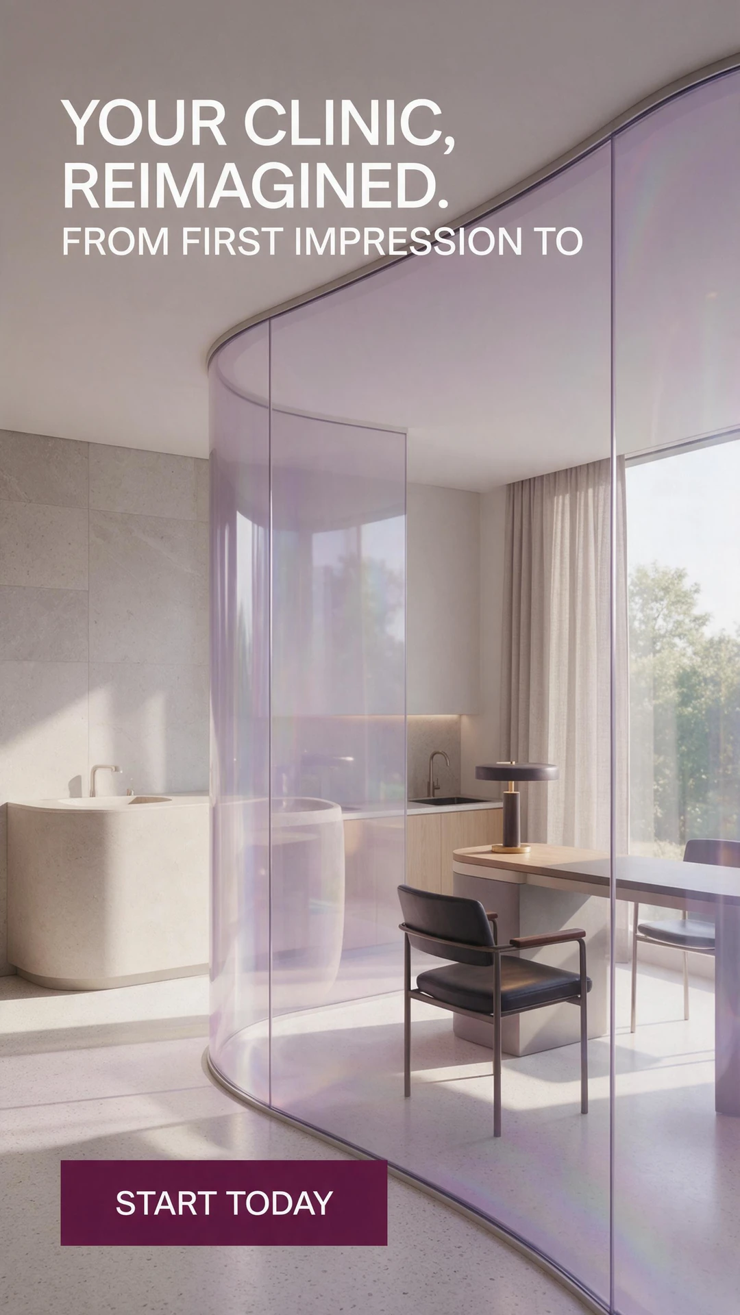 AI-generated aesthetic clinic concept with a curved translucent partition and consultation desk, the headline Your clinic, reimagined and a Start today call to action