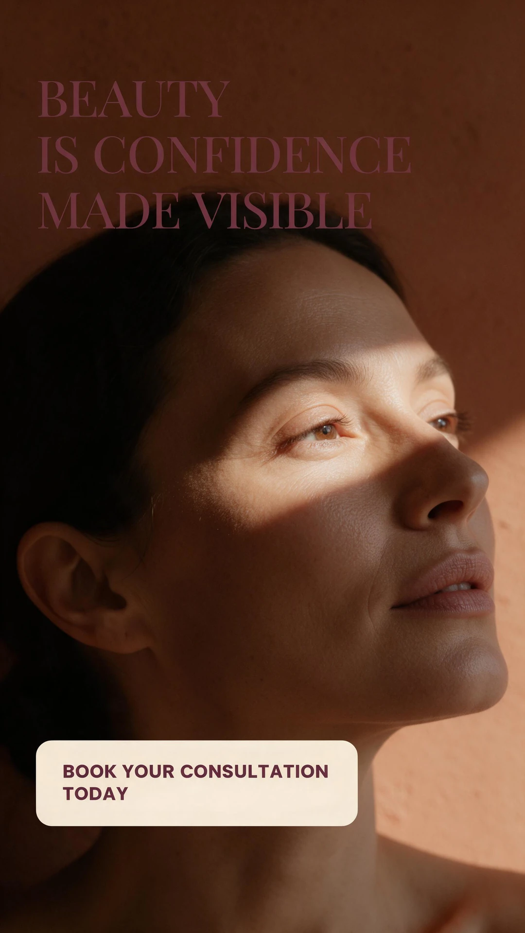 AI-generated aesthetic consultation ad with a close portrait in warm window light, the headline Beauty is confidence made visible and a Book your consultation today call to action