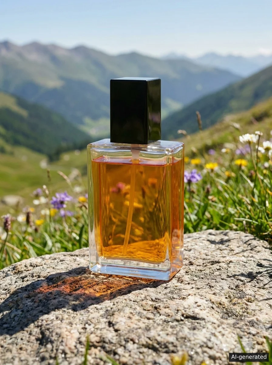 AI-generated product photograph of an amber perfume bottle on sunlit stone with mountains and a meadow behind it