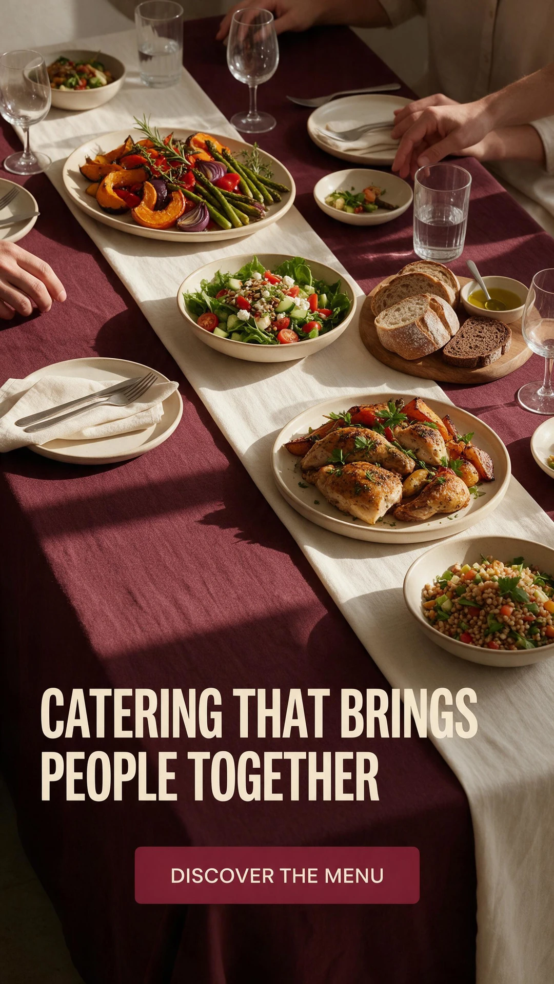 AI-generated event catering ad with shared platters on a burgundy table and ivory runner, the headline Catering that brings people together and a Discover the menu call to action