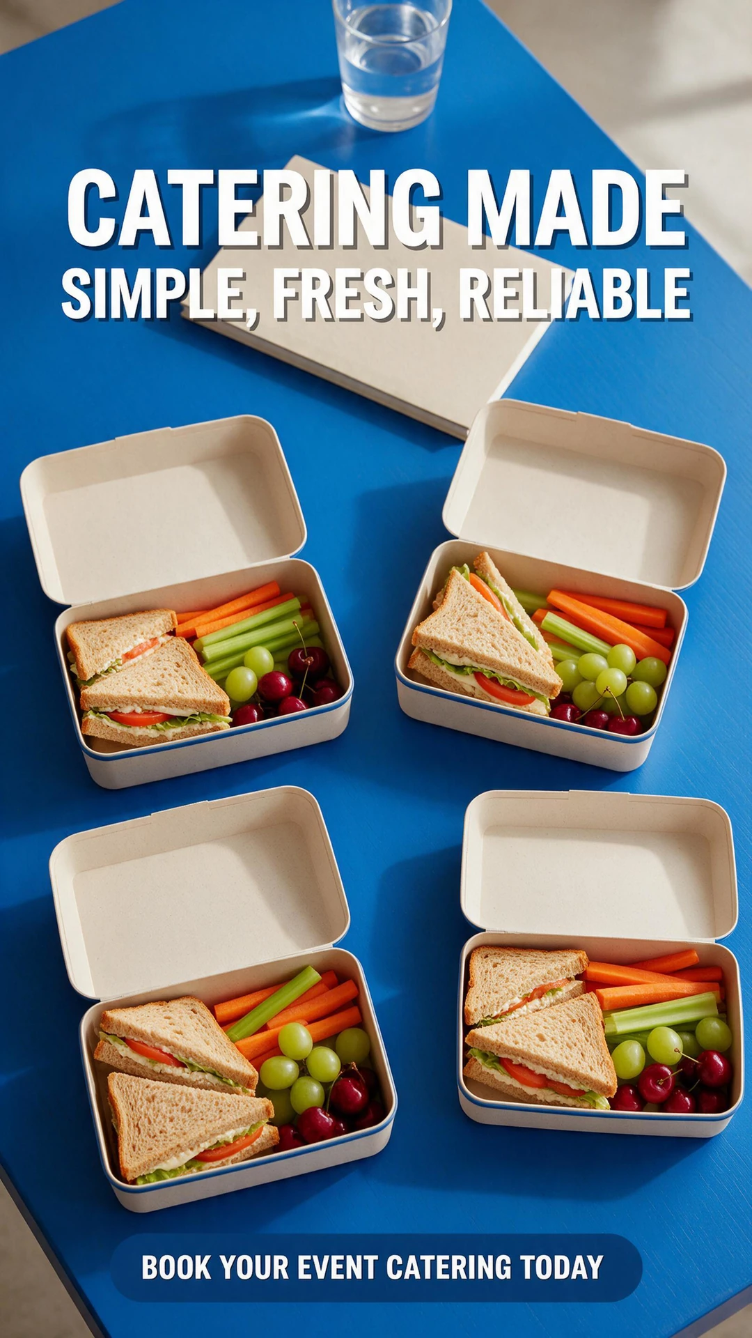 AI-generated lunch-box catering ad with the headline Catering made simple, fresh, reliable and a Book your event catering today call to action
