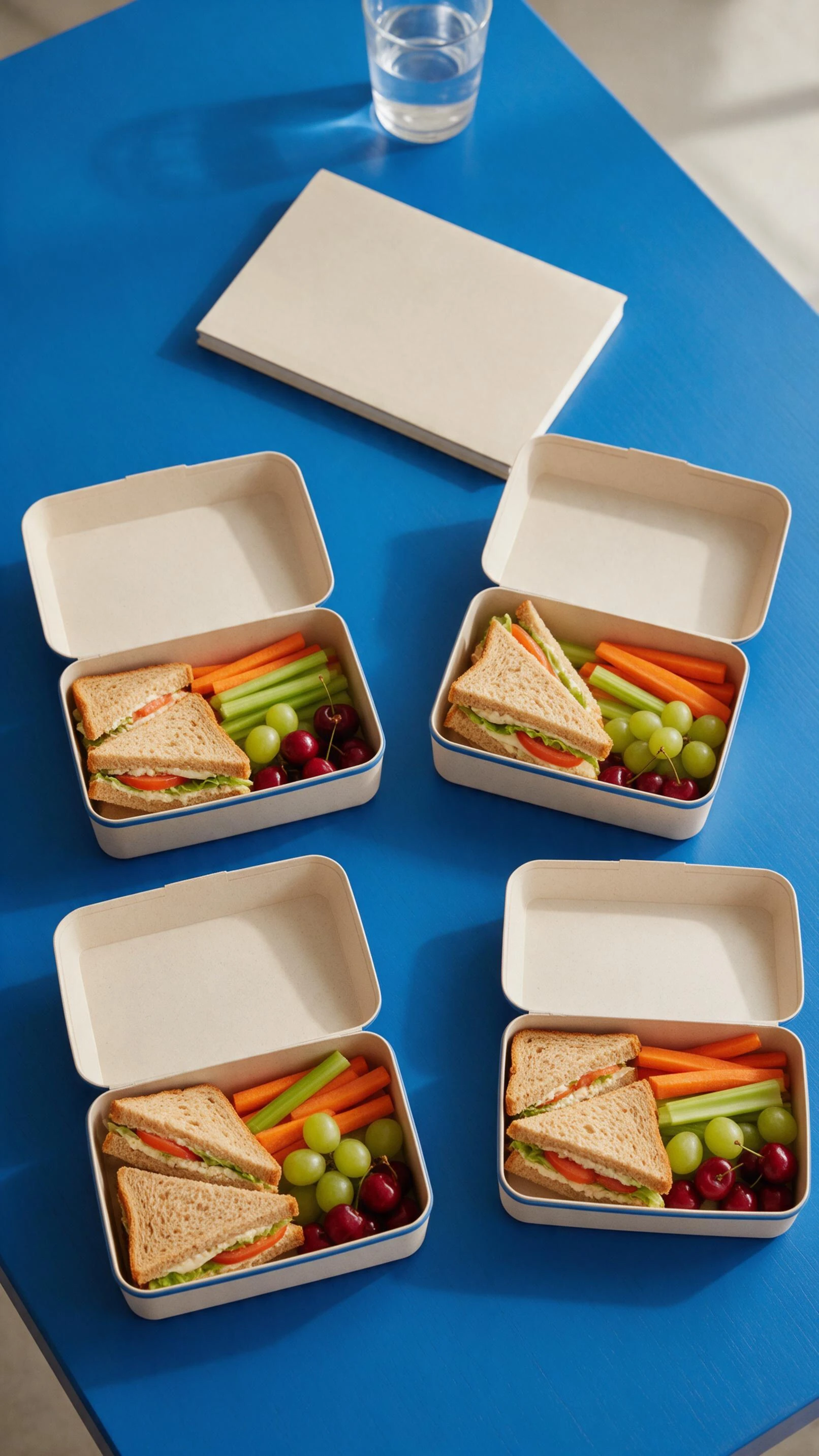 AI-generated source image of four open lunch boxes with sandwiches, vegetables and fruit on a blue table