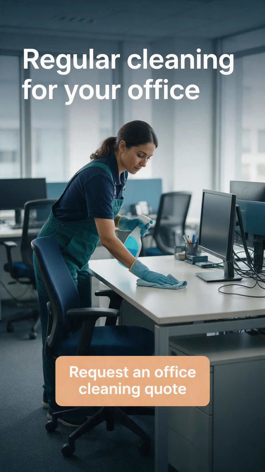 AI-generated vertical office cleaning ad showing a cleaner wiping a desk, with the headline Regular cleaning for your office and a Request an office cleaning quote call to action