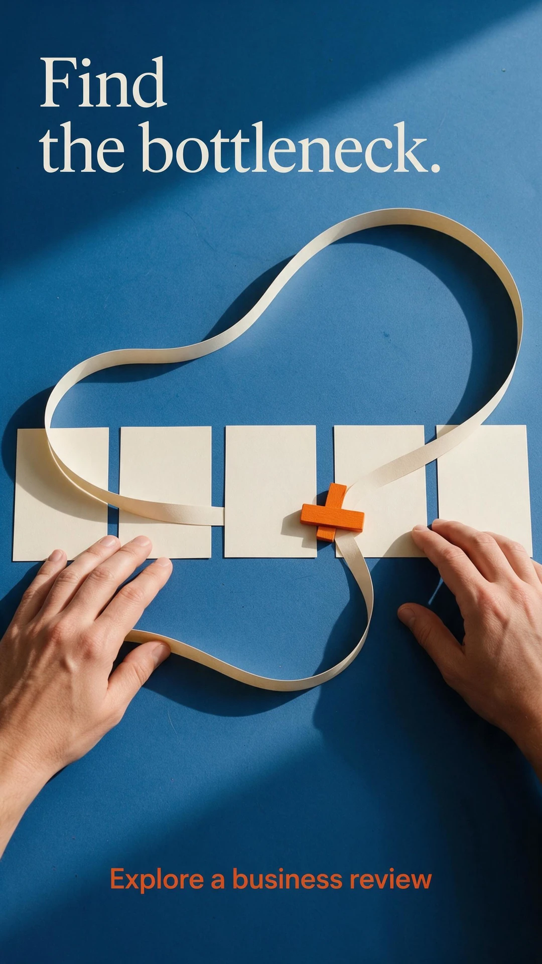 AI-generated business-review ad with hands, cream cards, a looping paper strip and an orange marker on blue, the headline Find the bottleneck. and an Explore a business review call to action