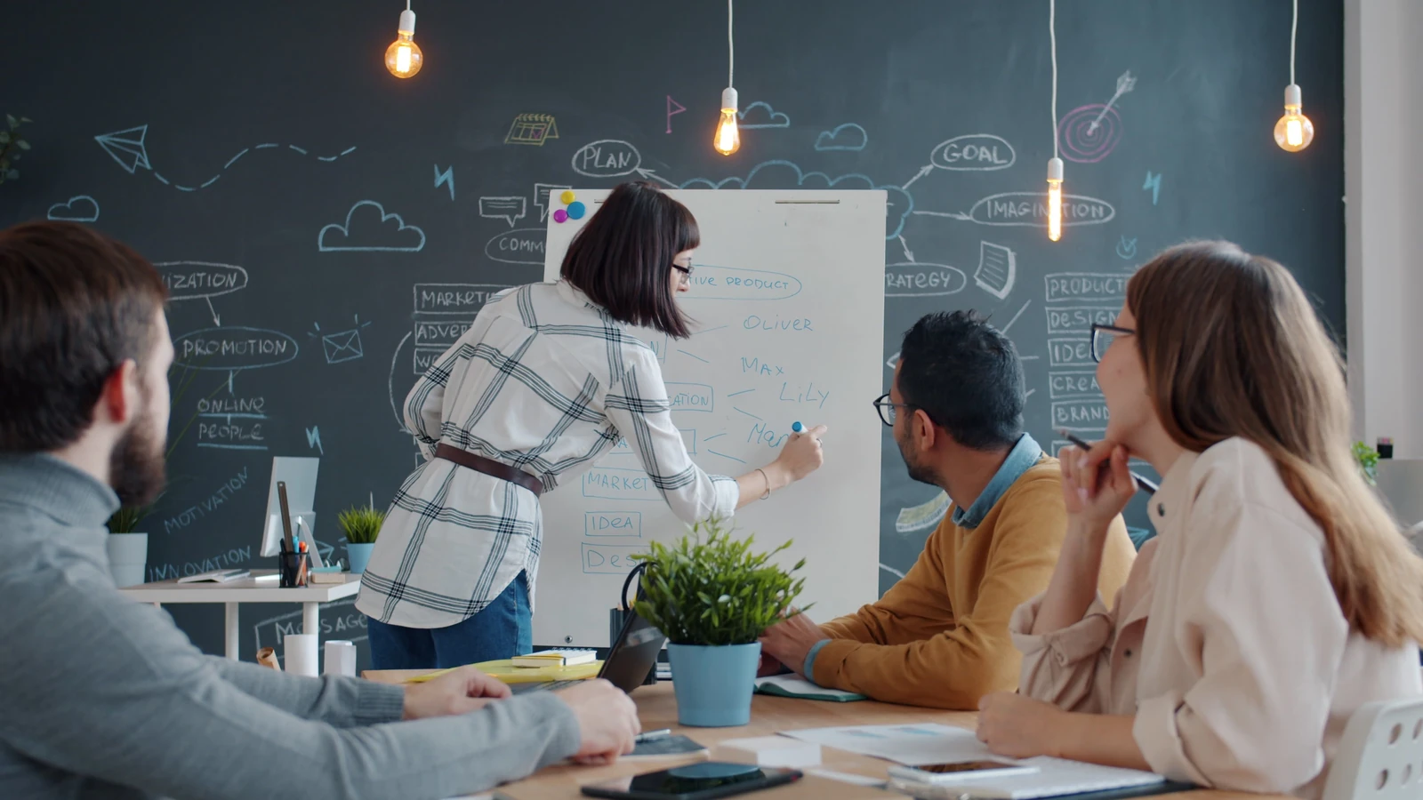 Supplied photograph of a facilitator at a whiteboard with a team seated around a planning table