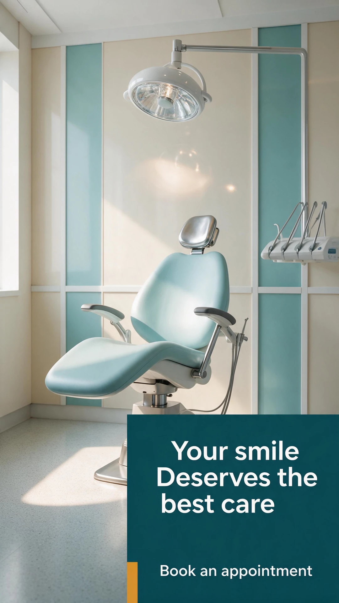 AI-generated dental ad showing a pale aqua chair in a sunlit treatment room, with the headline Your smile deserves the best care and a Book an appointment call to action