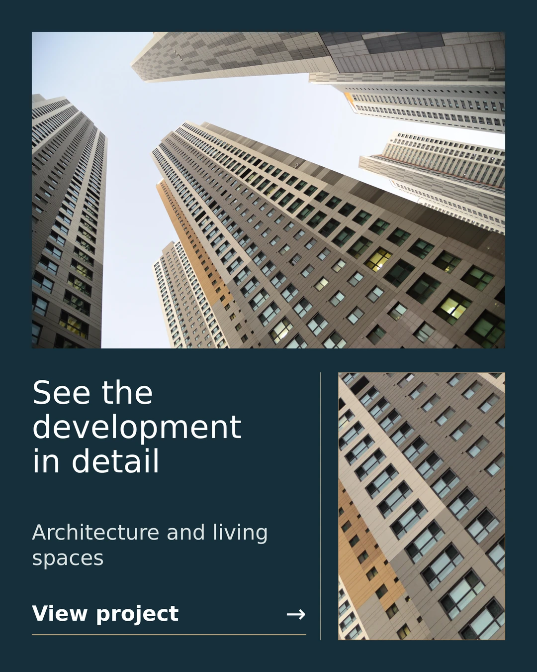 Development ad with the original high-rise photo, a facade detail inset, the headline See the development in detail and View project call to action