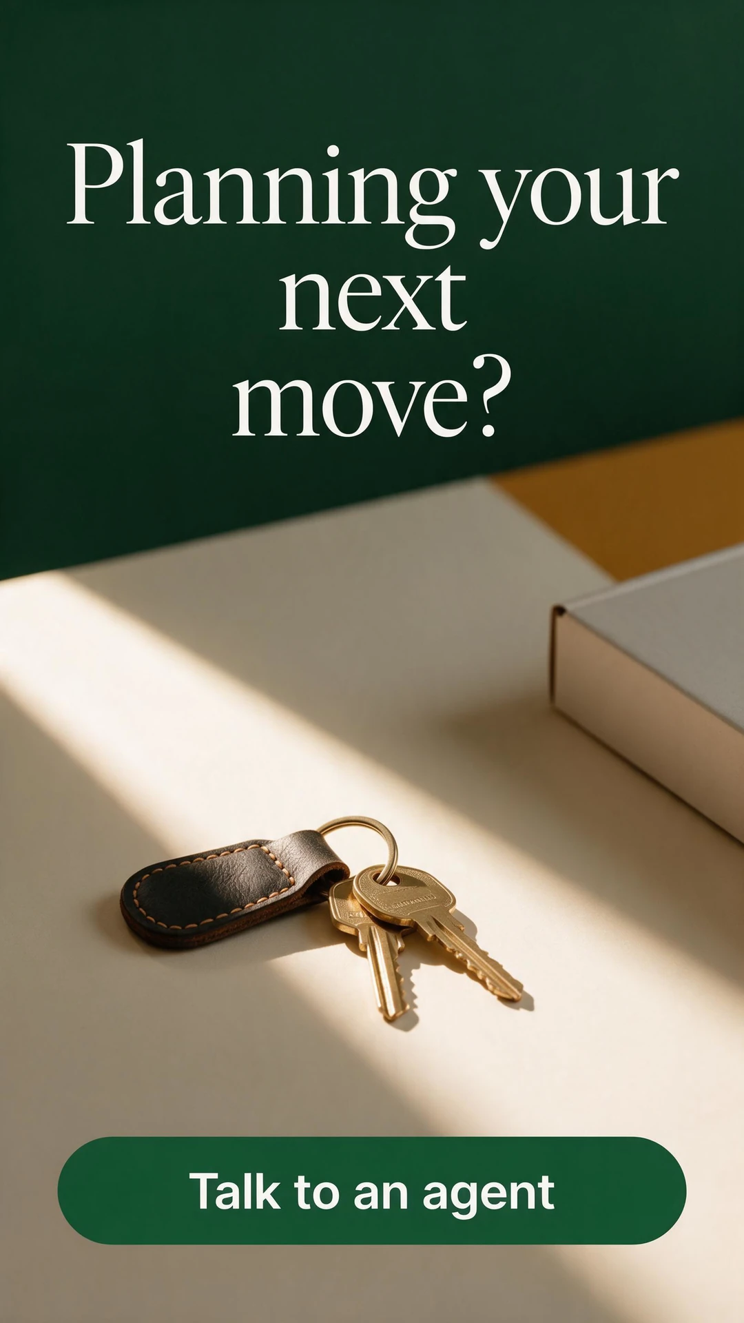 AI-generated estate agency ad showing house keys and a moving box in sunlight, with the headline Planning your next move? and a Talk to an agent call to action