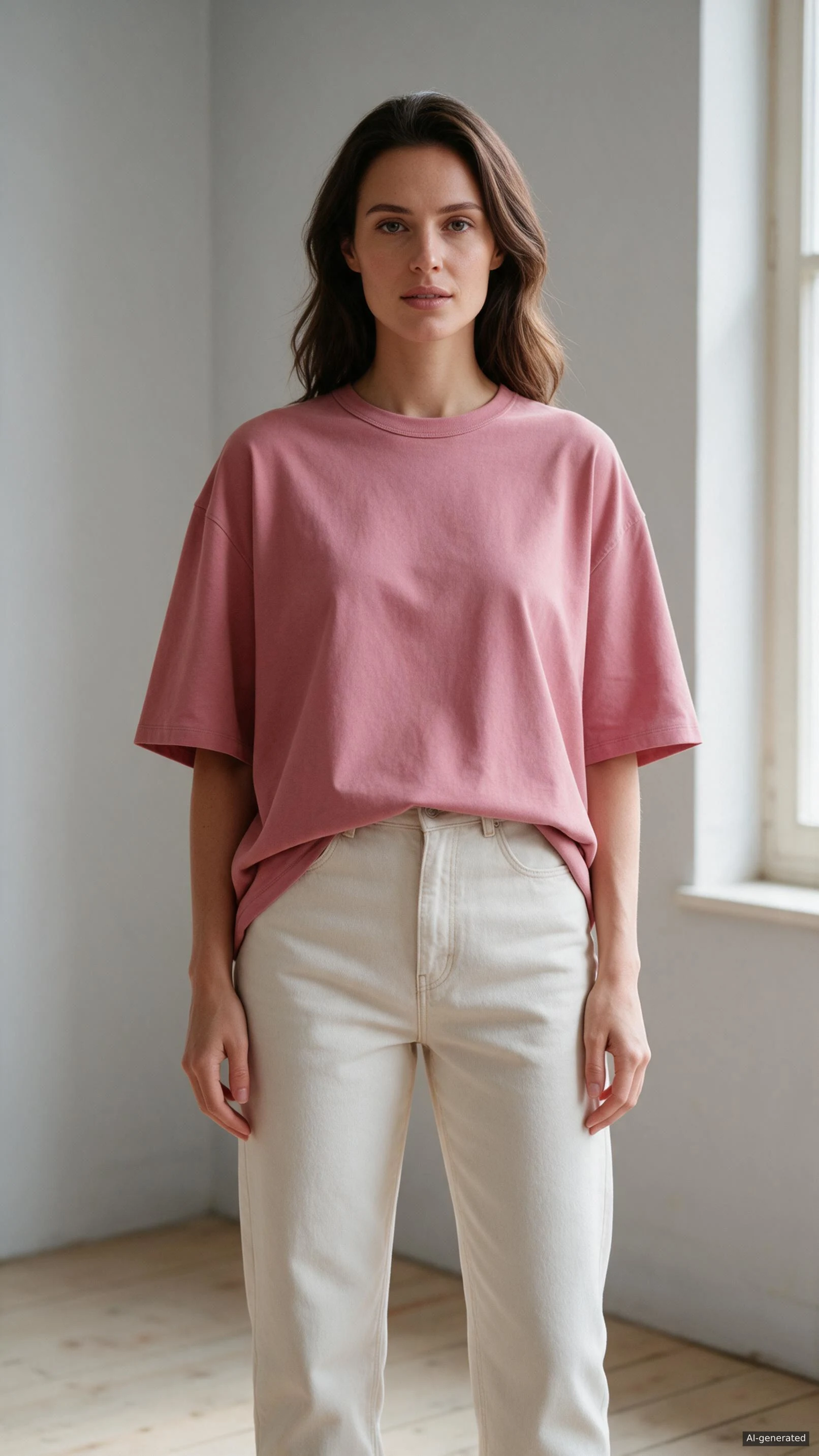 AI-generated fashion image of a model wearing a dusty-pink oversized T-shirt and white trousers beside a studio window