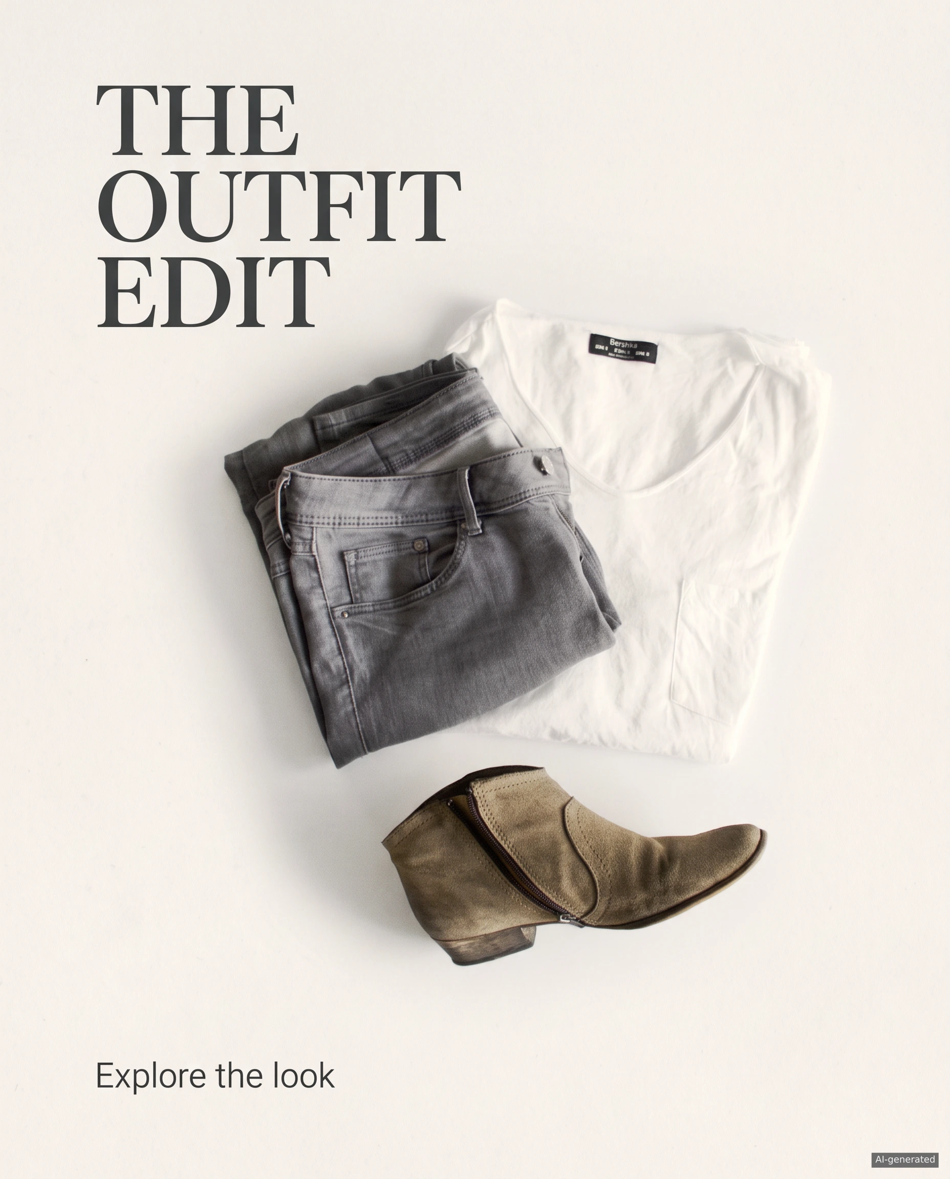 AI-generated fashion ad with a white T-shirt, grey jeans and a brown ankle boot, titled The Outfit Edit with an Explore the look call to action