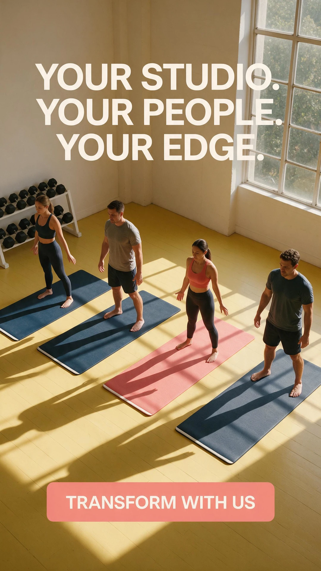 AI-generated fitness studio ad showing four adults on exercise mats in warm sunlight, with the headline Your studio. Your people. Your edge. and a Transform with us call to action