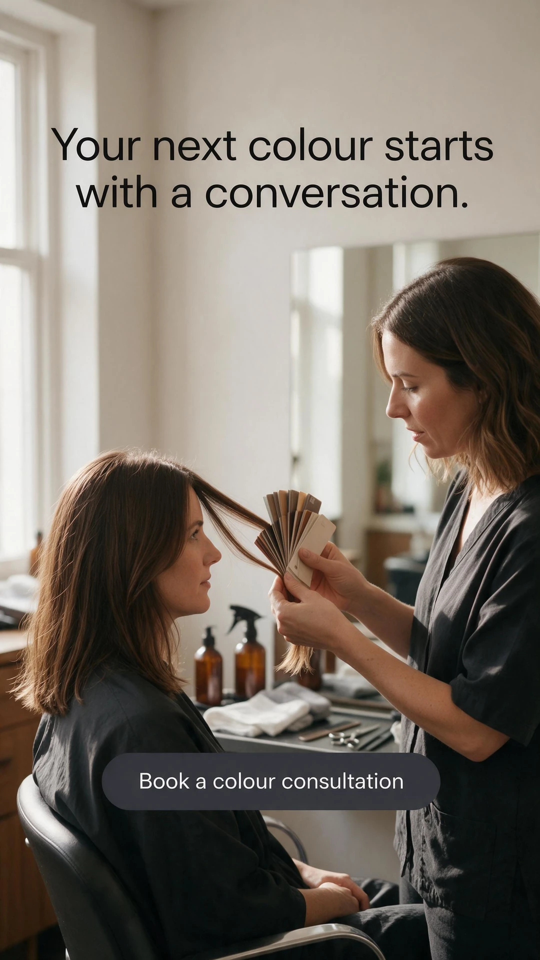 AI-generated vertical salon ad showing a stylist comparing colour swatches with a client's hair, with the headline Your next colour starts with a conversation. and a Book a colour consultation call to action