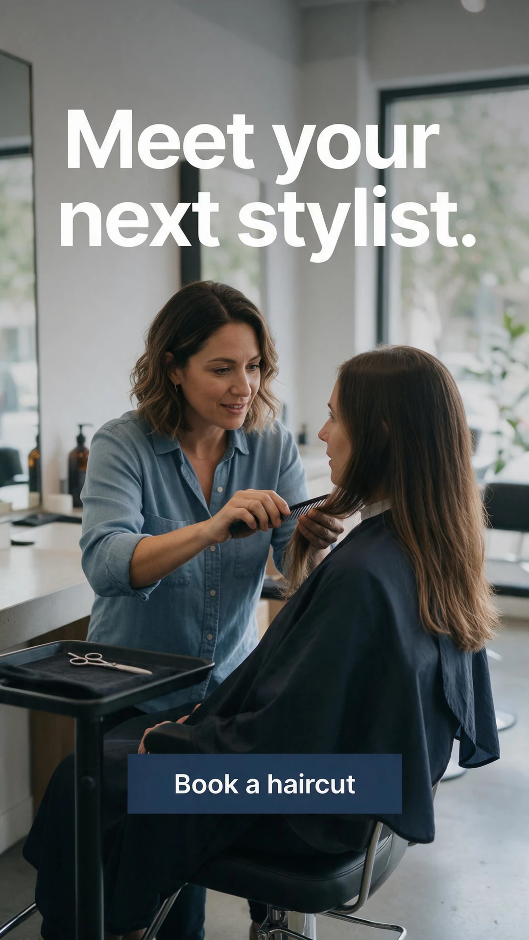 AI-generated vertical salon ad showing a stylist discussing a haircut with a client, with the headline Meet your next stylist. and a Book a haircut call to action