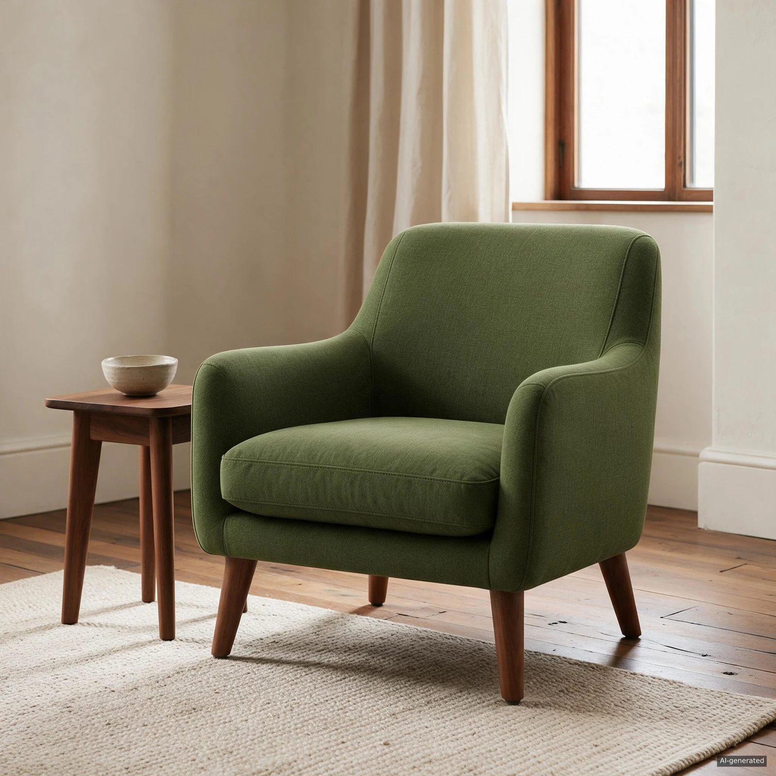 AI-generated room scene based on the armchair reference, with an olive-green chair beside a wooden side table and sunlit window