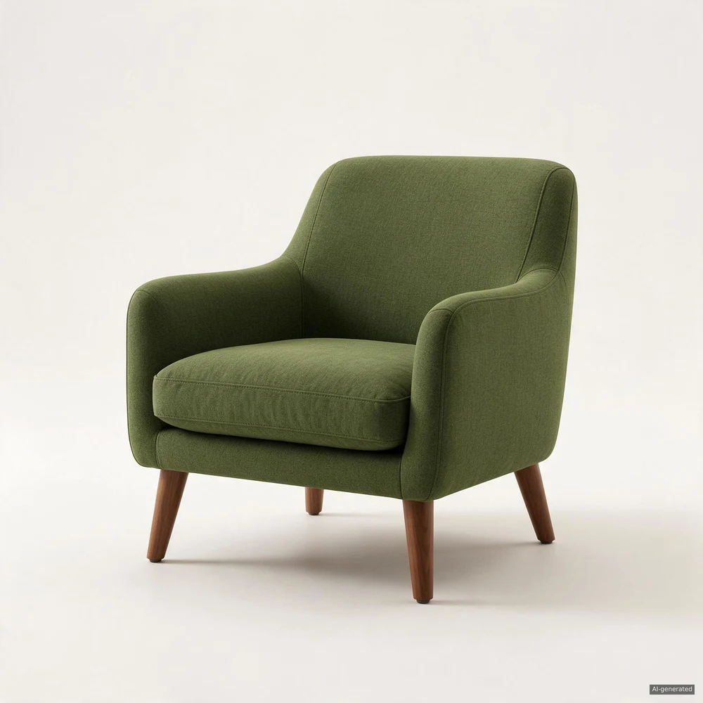 AI-generated product reference of an olive-green upholstered armchair with wooden legs against a plain cream background