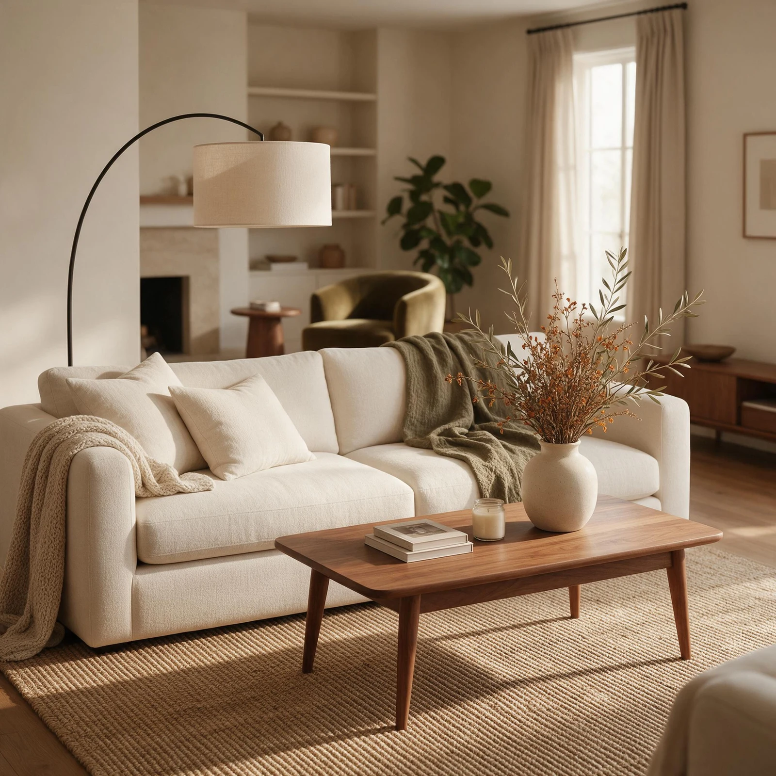 AI-generated interior concept with a cream sofa, olive throw, wooden coffee table, floor lamp and soft window light