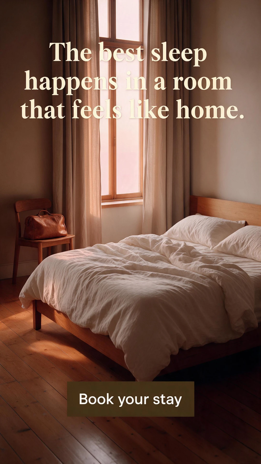 AI-generated hotel room ad with the headline The best sleep happens in a room that feels like home. and a Book your stay call to action