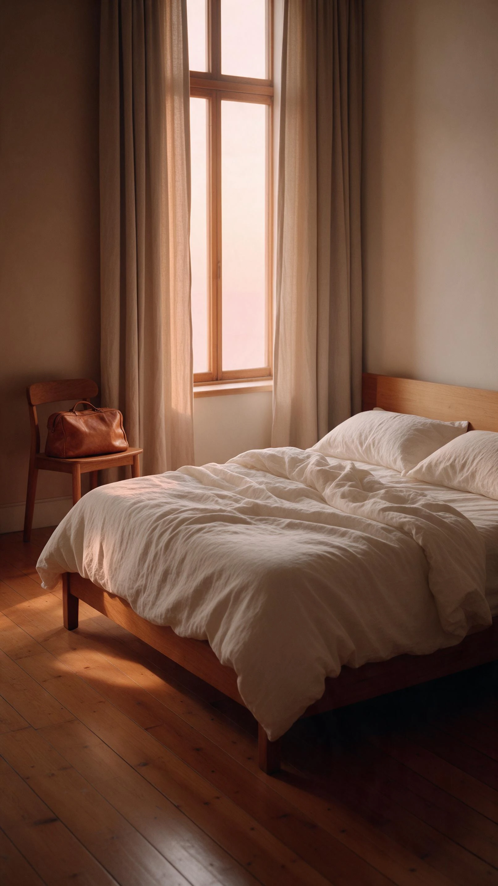 AI-generated source image of an ivory bed, wooden chair and brown travel bag in a softly lit room