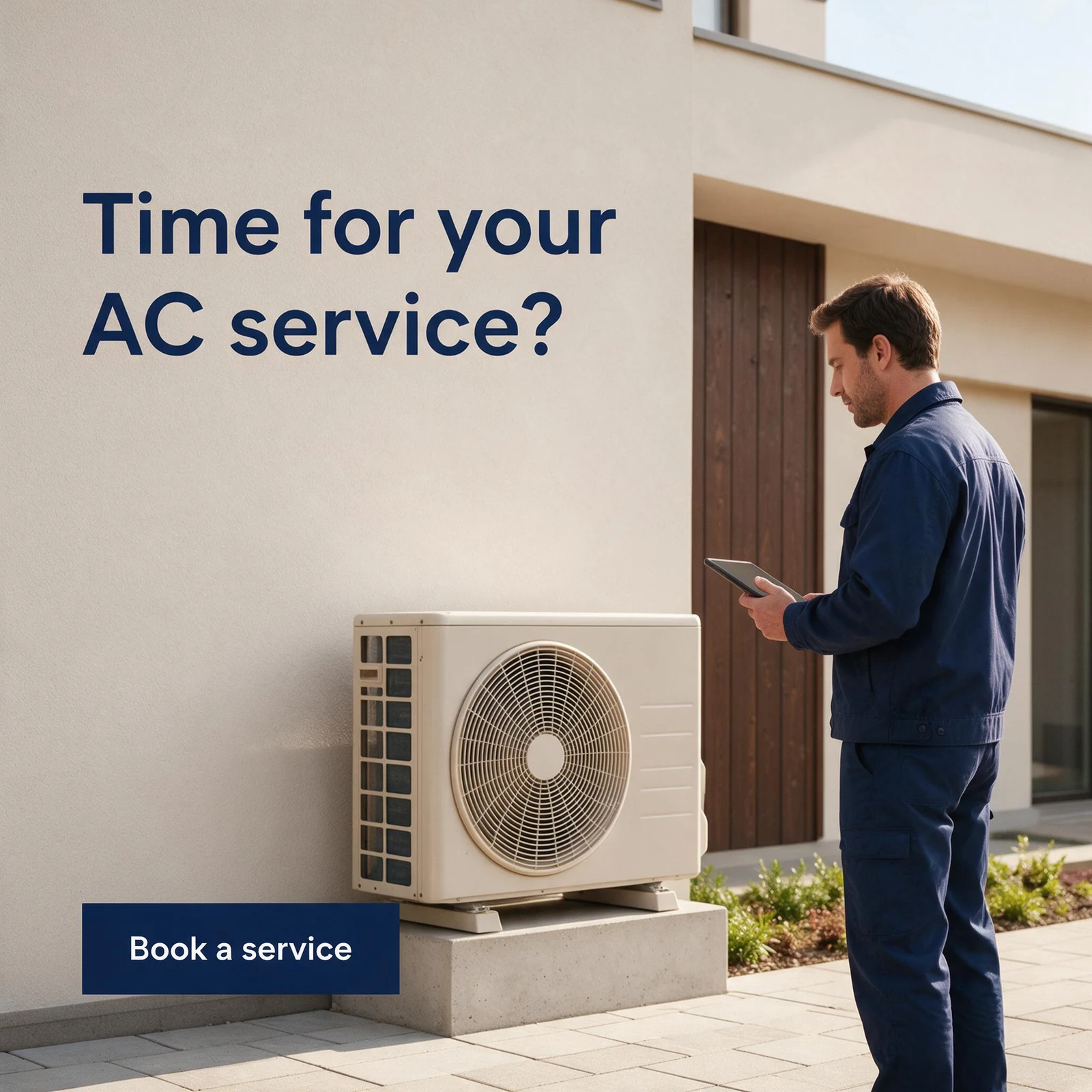 AI-generated air-conditioning service ad showing a technician with a tablet beside an outdoor unit, with the headline Time for your AC service? and Book a service call to action