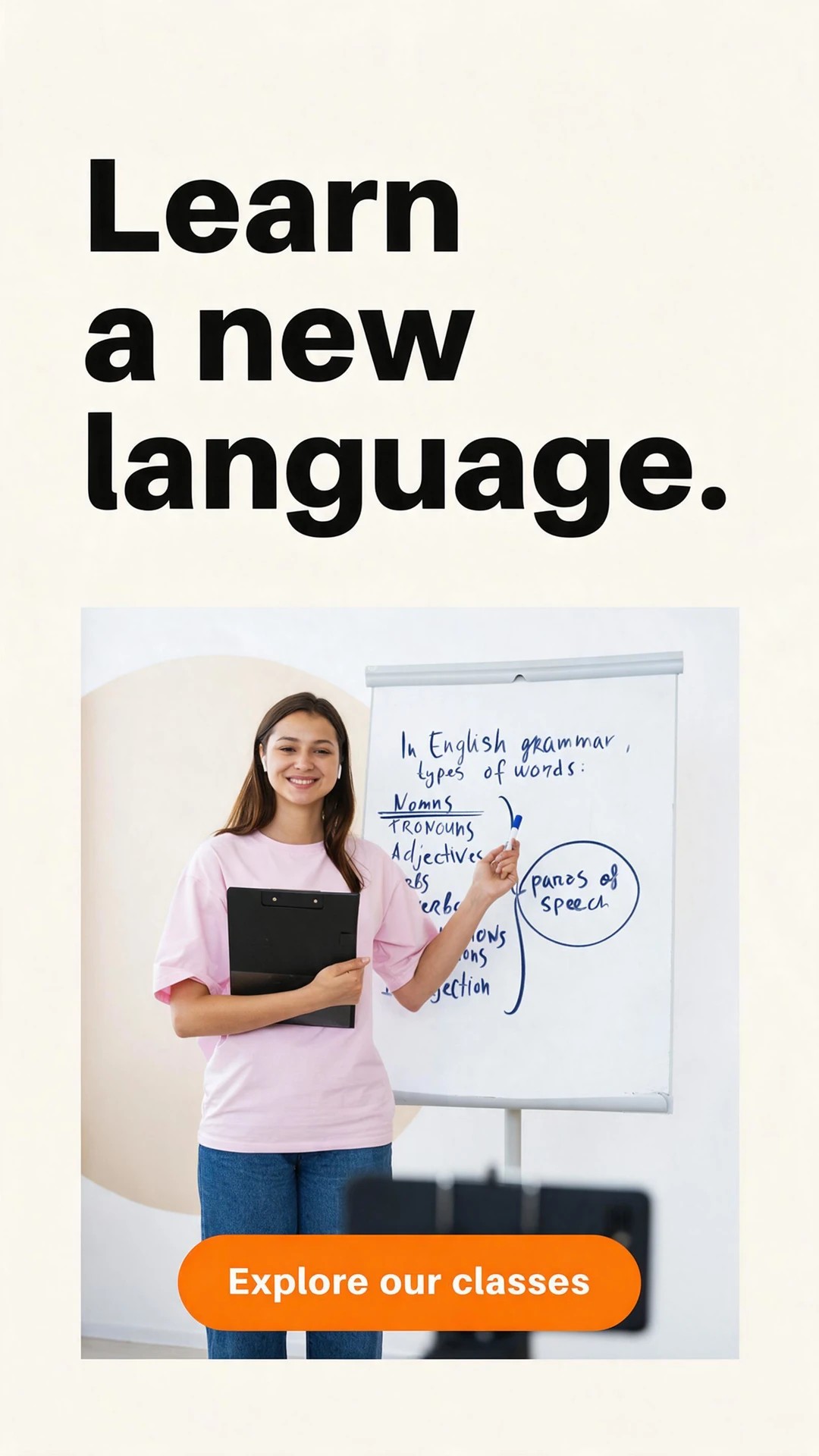 Language-class ad showing a woman teaching English grammar, with the headline Learn a new language. and an orange Explore our classes call to action