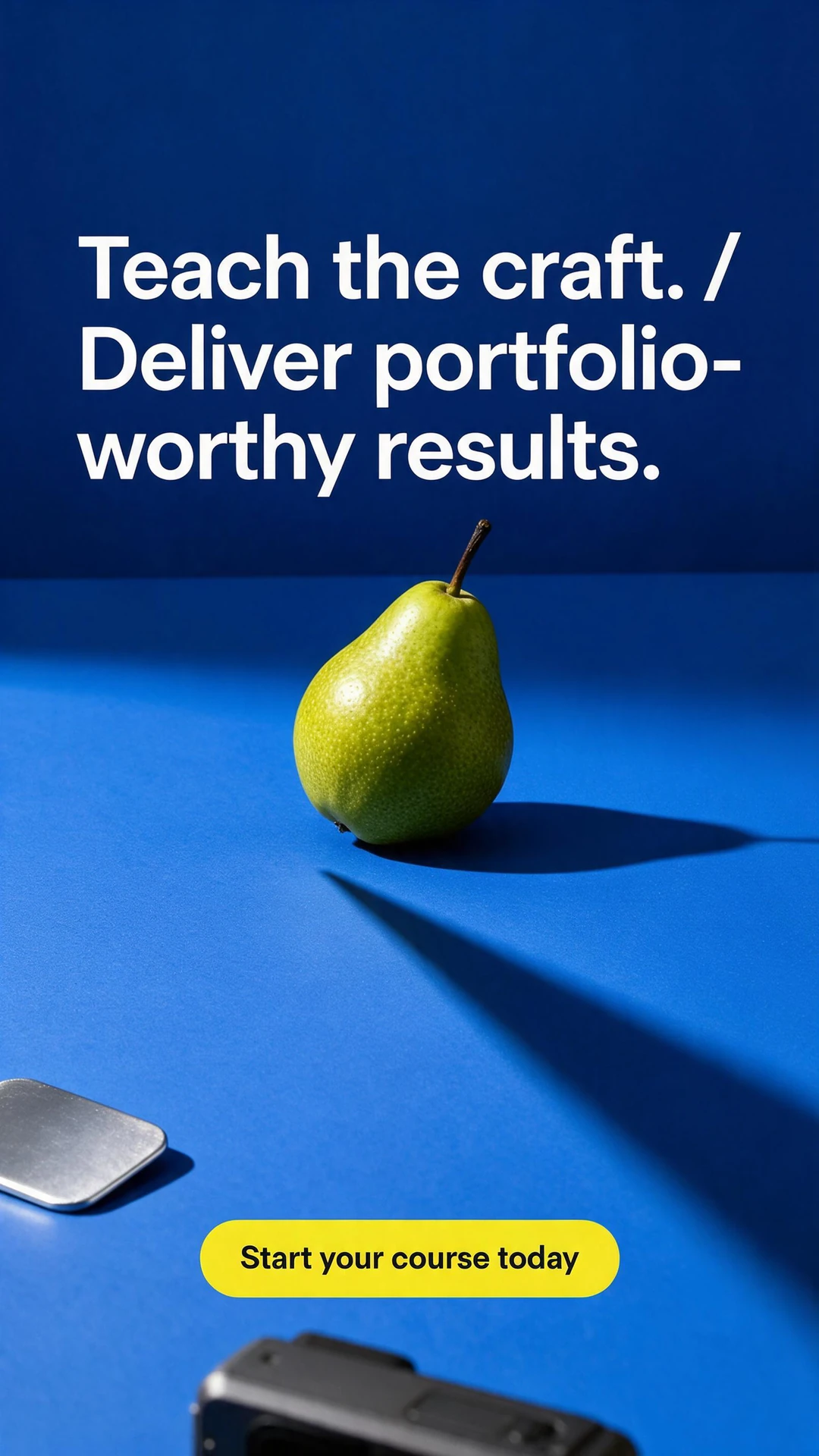 AI-generated photography course ad showing a green pear on blue, with the headline Teach the craft. / Deliver portfolio-worthy results. and a Start your course today call to action