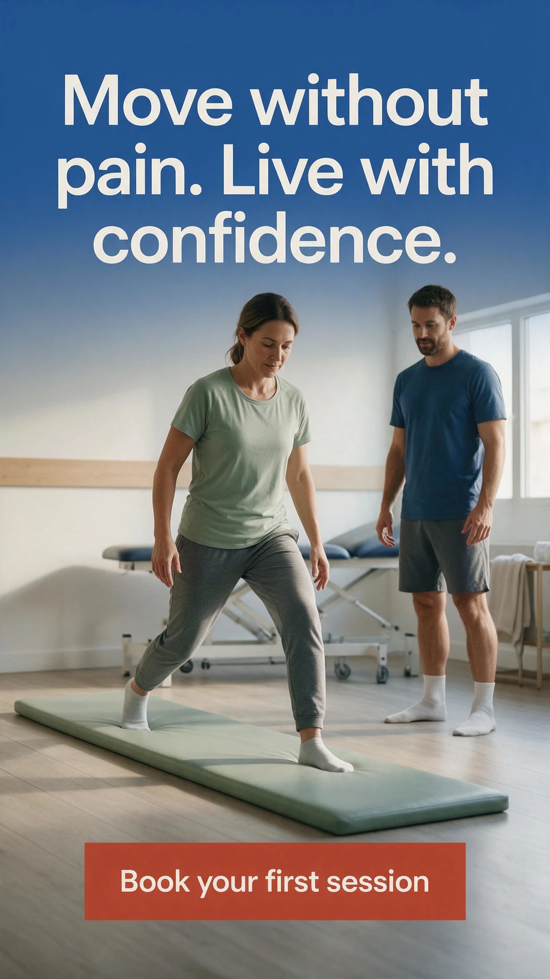 AI-generated physiotherapy ad showing an adult stepping across a mat while a practitioner observes, with the headline Move without pain. Live with confidence. and a Book your first session call to action
