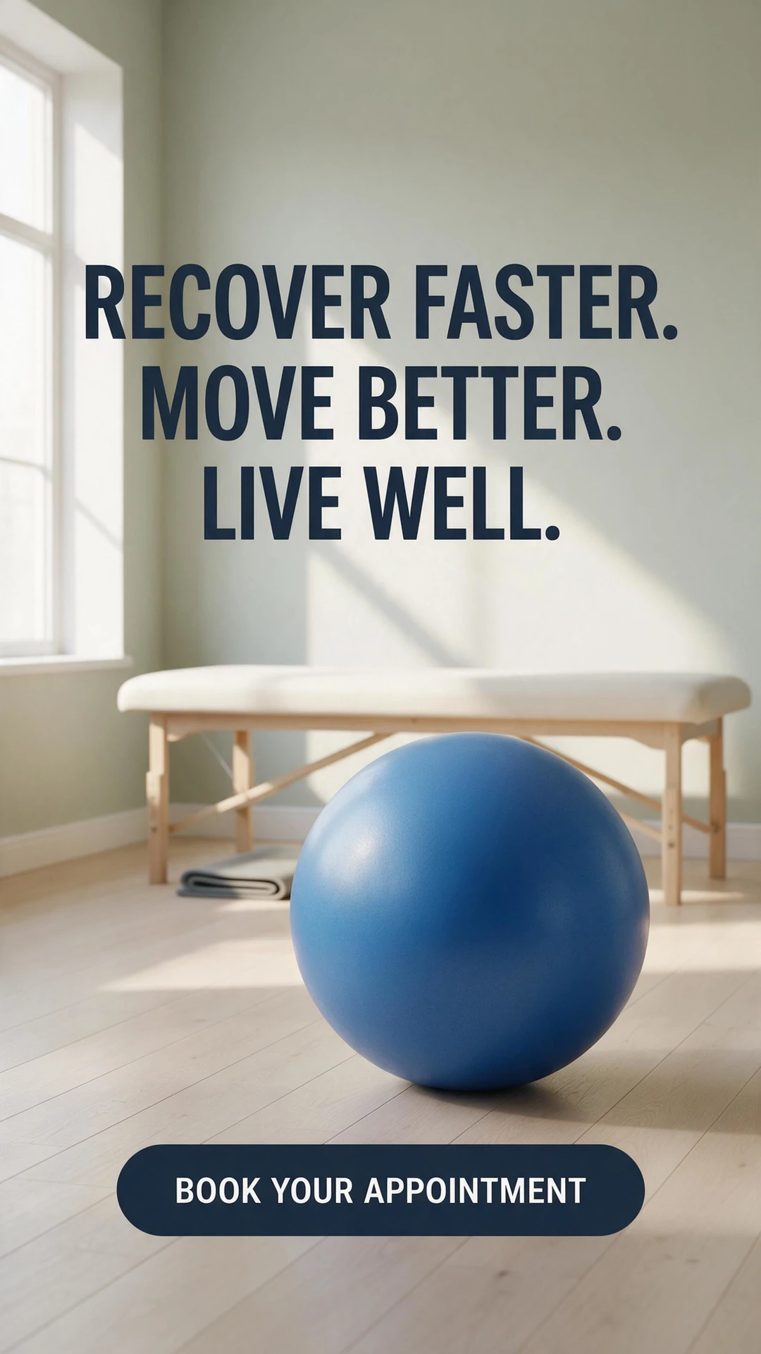 AI-generated physiotherapy ad showing a blue exercise ball and treatment couch in a sunlit room, with the headline Recover faster. Move better. Live well. and a Book your appointment call to action