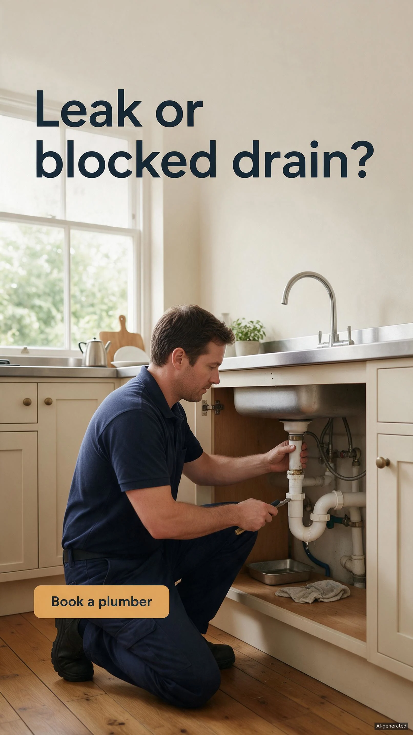 AI-generated vertical plumbing ad showing a plumber working beneath a kitchen sink, with the headline Leak or blocked drain? and a Book a plumber call to action