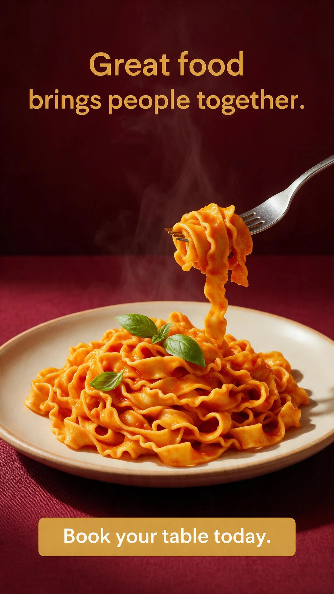 AI-generated pasta ad with the headline Great food brings people together. and a Book your table today call to action