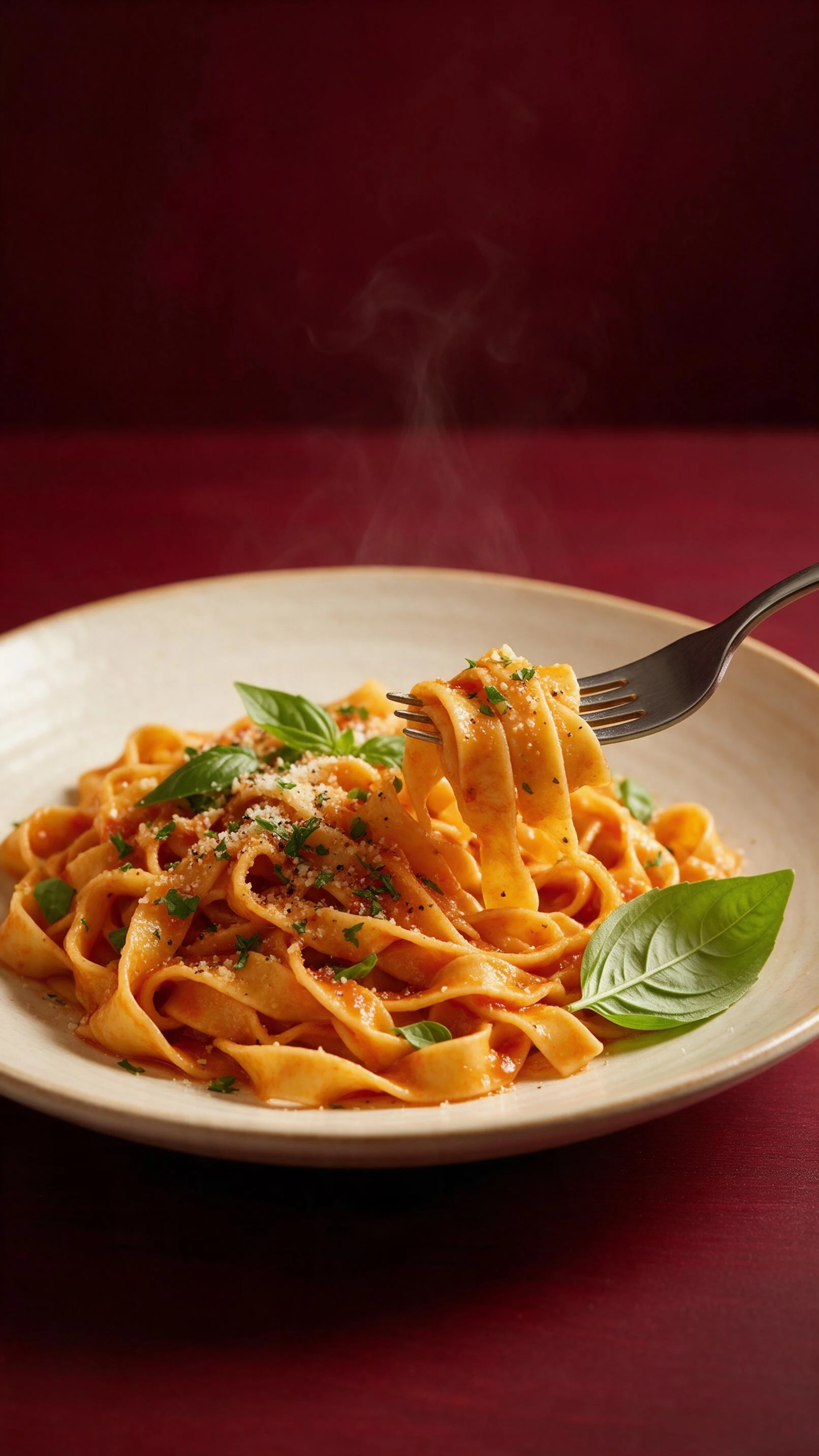 AI-generated source image of ribbon pasta with tomato sauce, basil and a lifted forkful against a burgundy background
