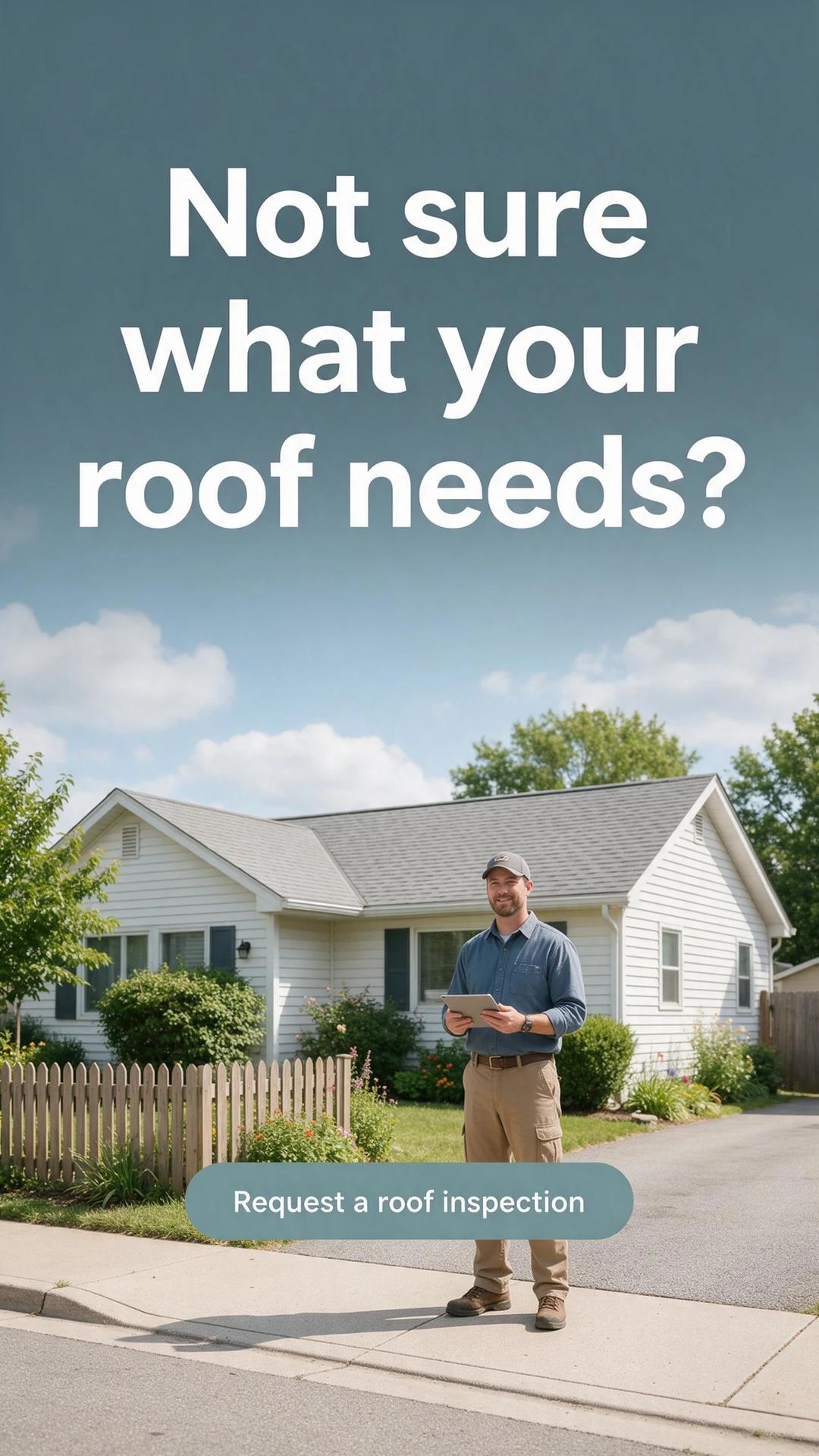 AI-generated vertical roof inspection ad showing a professional holding a tablet outside a house, with the headline Not sure what your roof needs? and a Request a roof inspection call to action