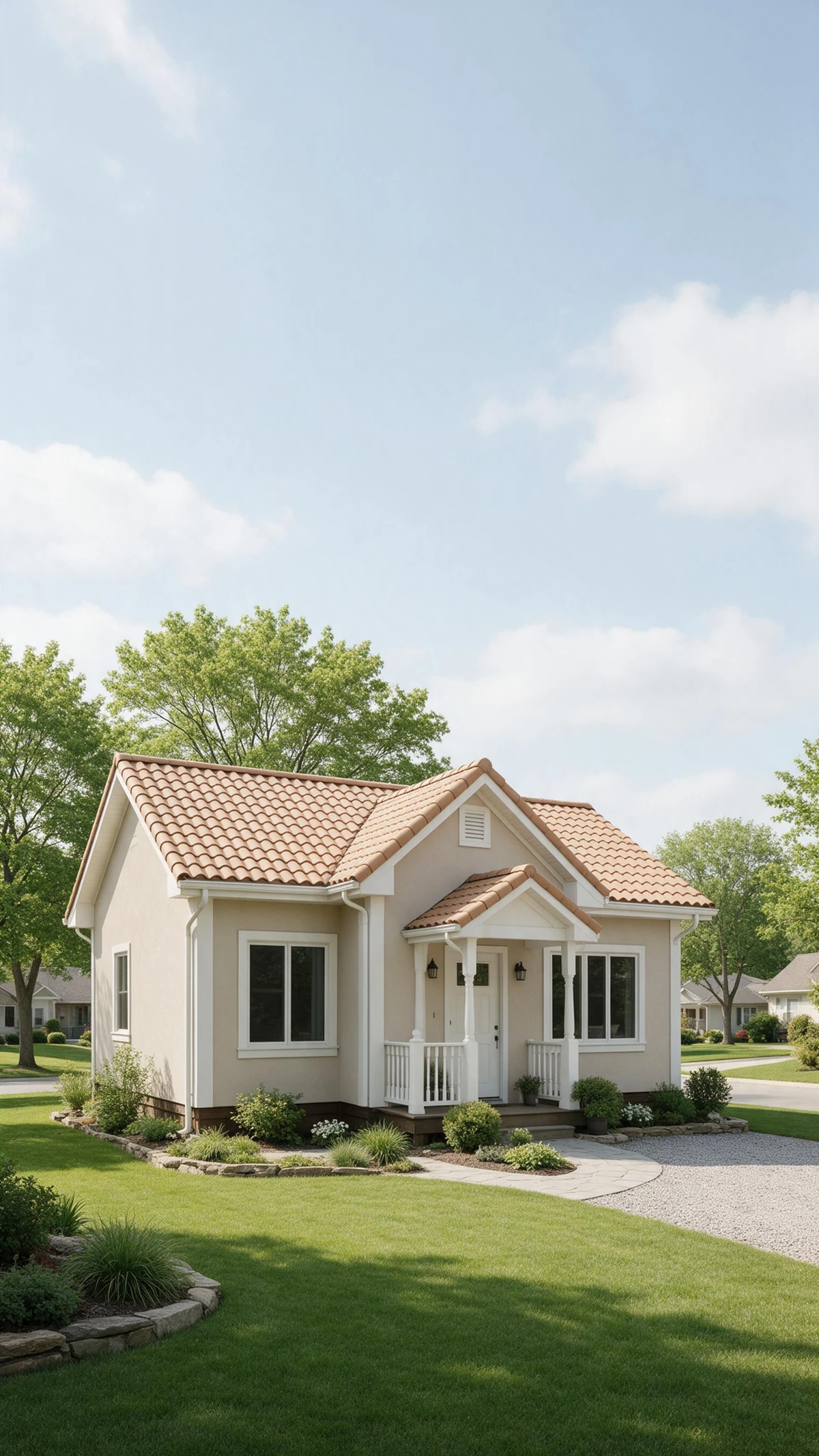 AI-generated reference photo of a cream house with a terracotta tiled roof and a front garden