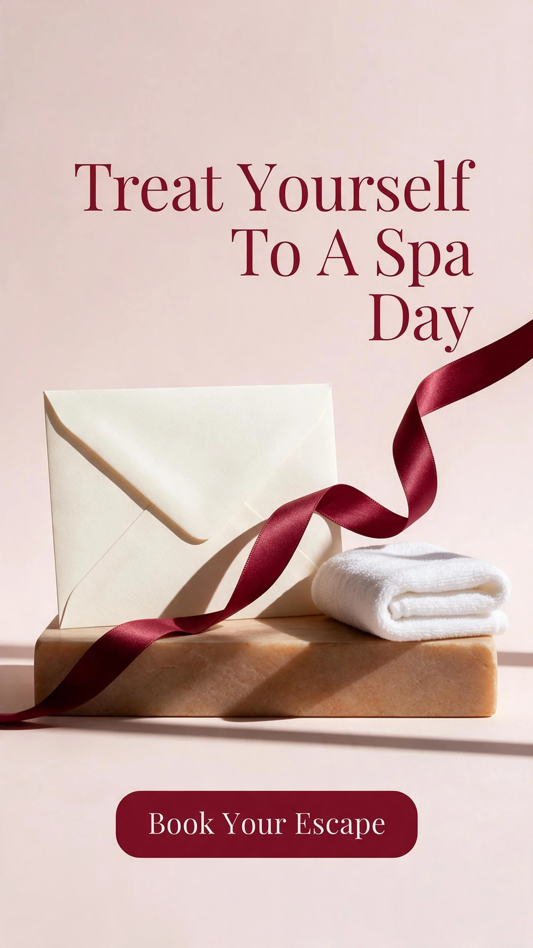 AI-generated spa-day ad with a cream envelope, burgundy ribbon and folded towel, the headline Treat Yourself To A Spa Day and a Book Your Escape call to action