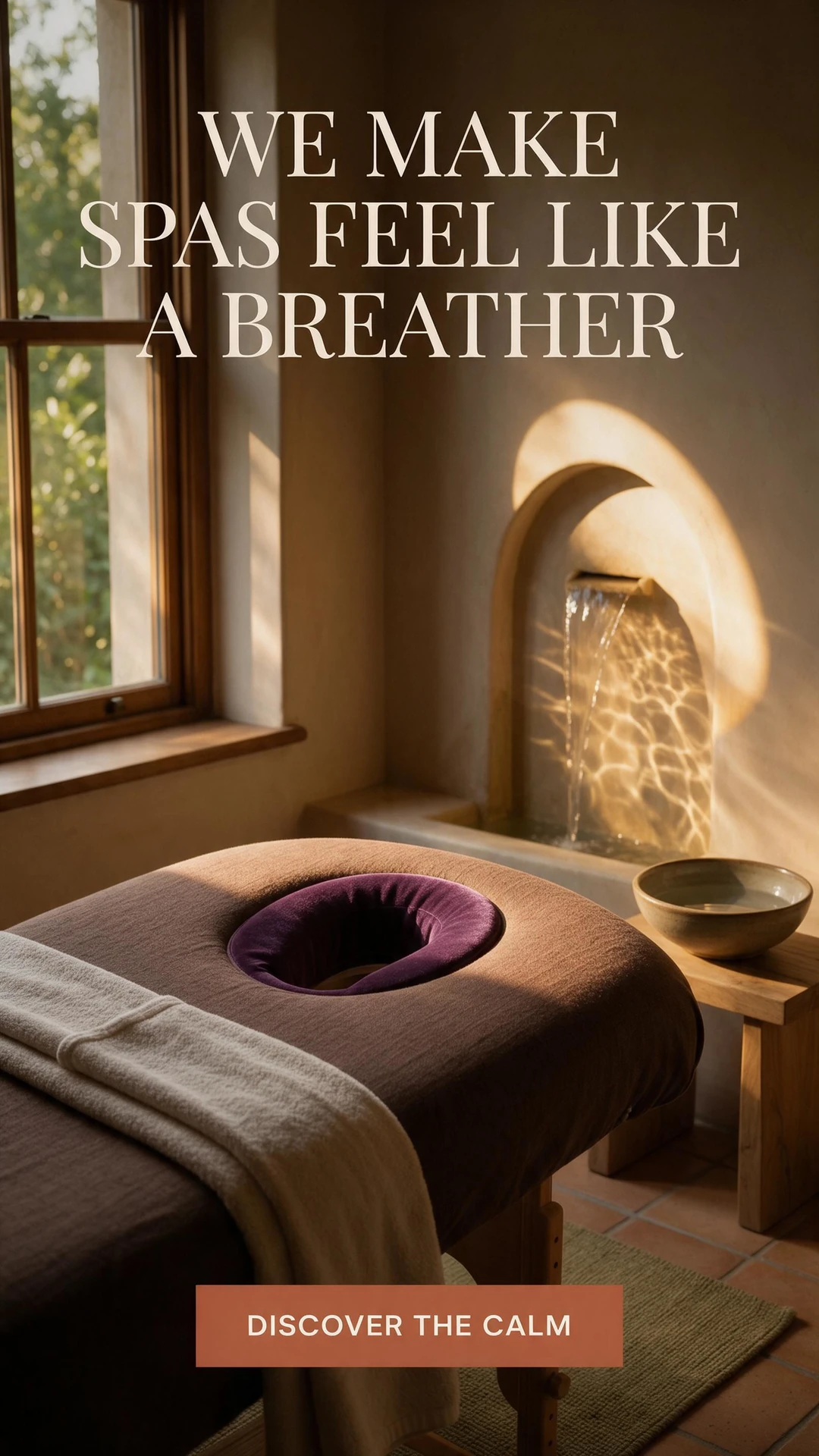 AI-generated spa ad showing a massage couch in a sunlit treatment room, with the headline We make spas feel like a breather and a Discover the calm call to action