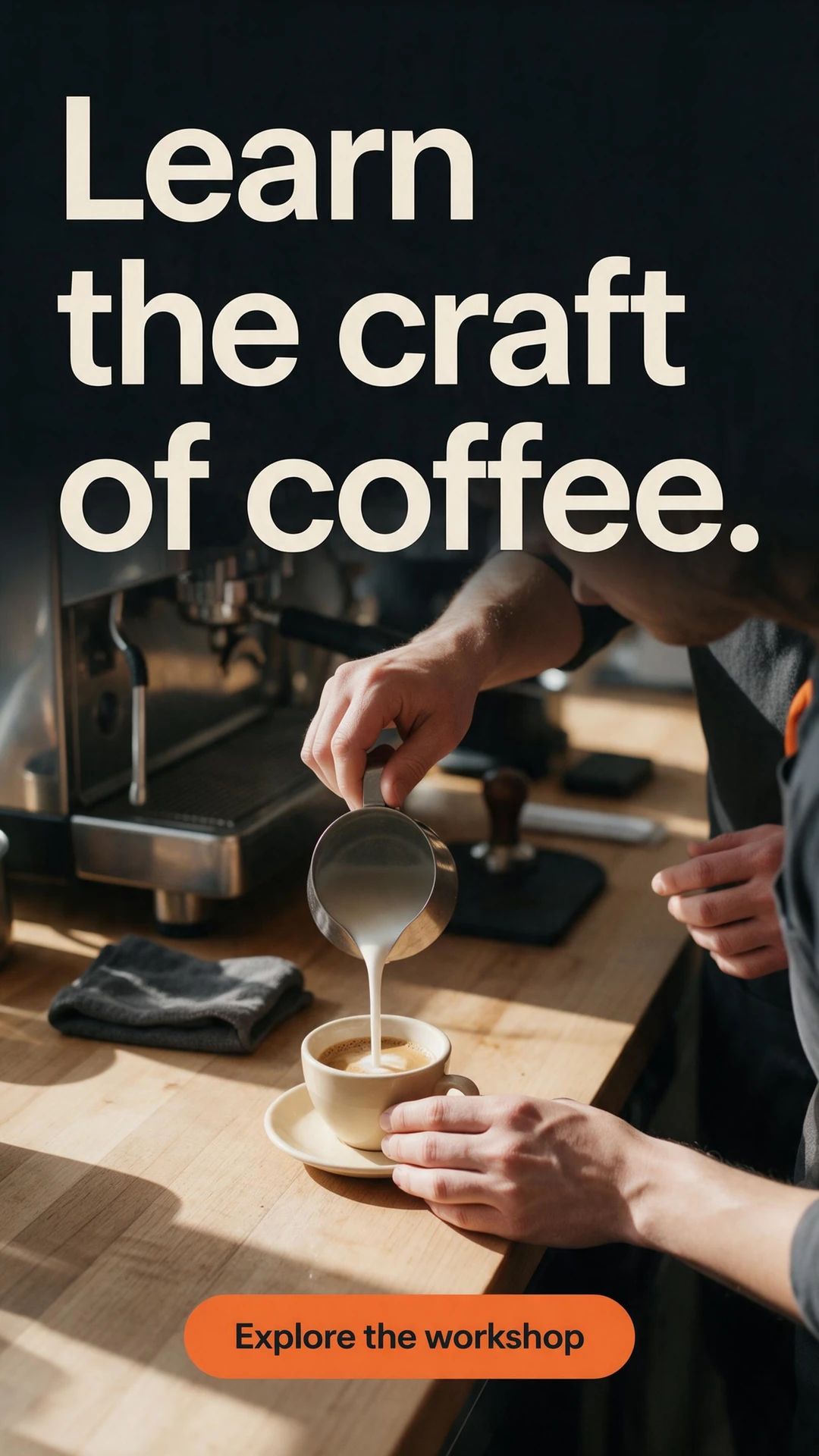 AI-generated barista workshop ad showing milk being poured into a coffee cup, with the headline Learn the craft of coffee. and an Explore the workshop call to action