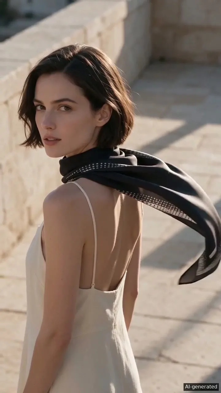 Person wearing a black patterned scarf moving in the breeze