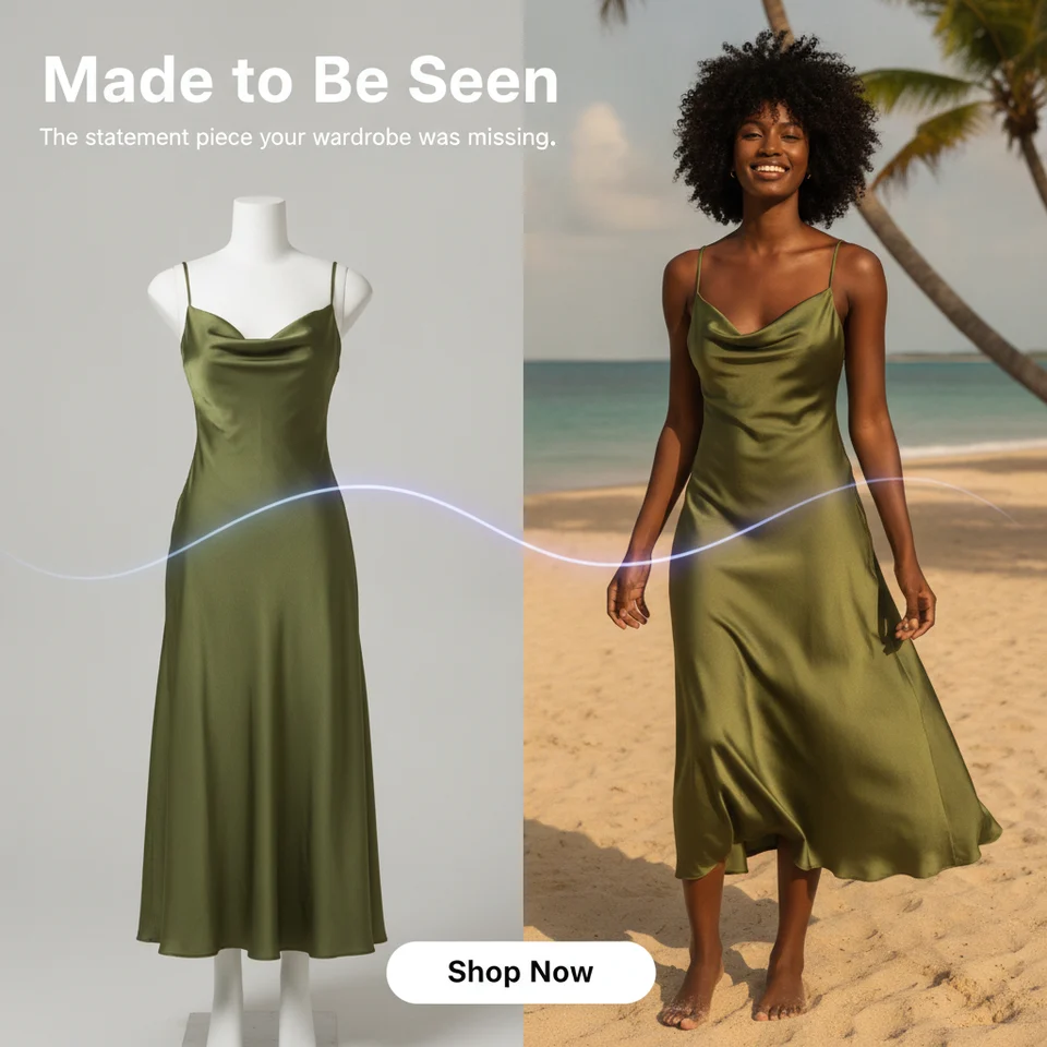 Made to Be Seen fashion ad showing a green dress on a mannequin and a model