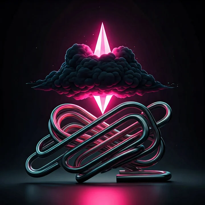 Sculptural chrome knot and floating prism illuminated in magenta