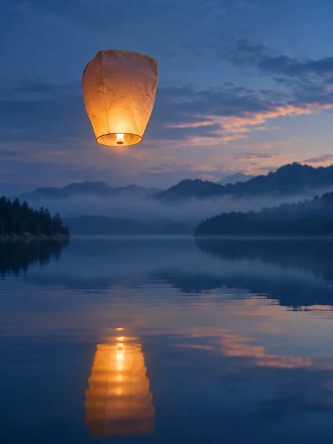 Glowing paper lantern floating above a blue mountain lake at dusk