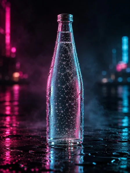 Glass bottle with water droplets lit in hot pink and cyan