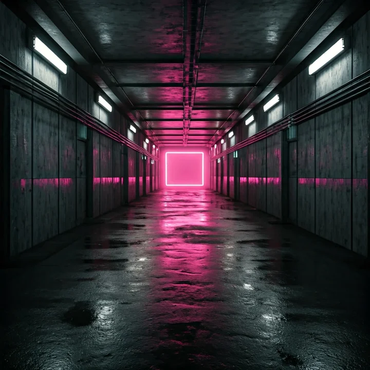 A dark corridor with a pink illuminated opening reflected on a wet floor.