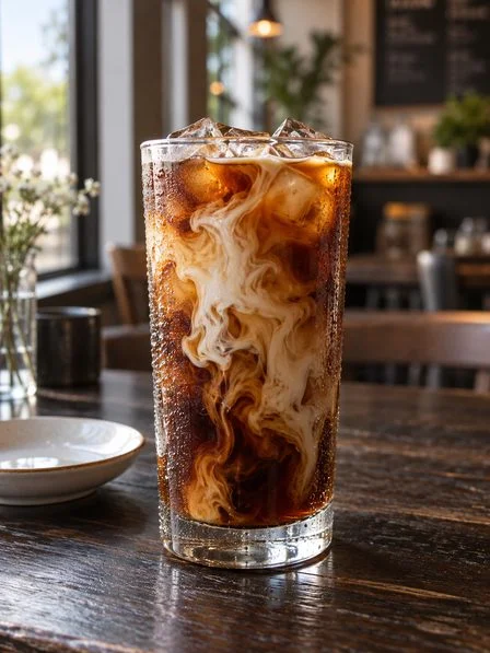 Iced coffee with cream swirling through it on a café table by the window