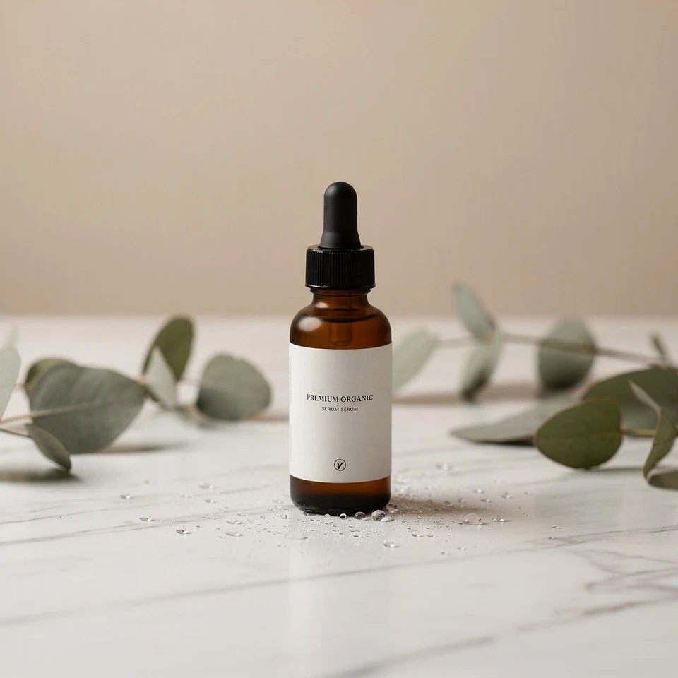 Amber skincare serum bottle with a dropper on a light surface beside green leaves