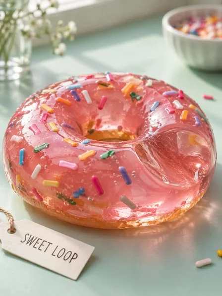 Jelly Squish preset preview: a translucent pink doughnut with sprinkles on a café table